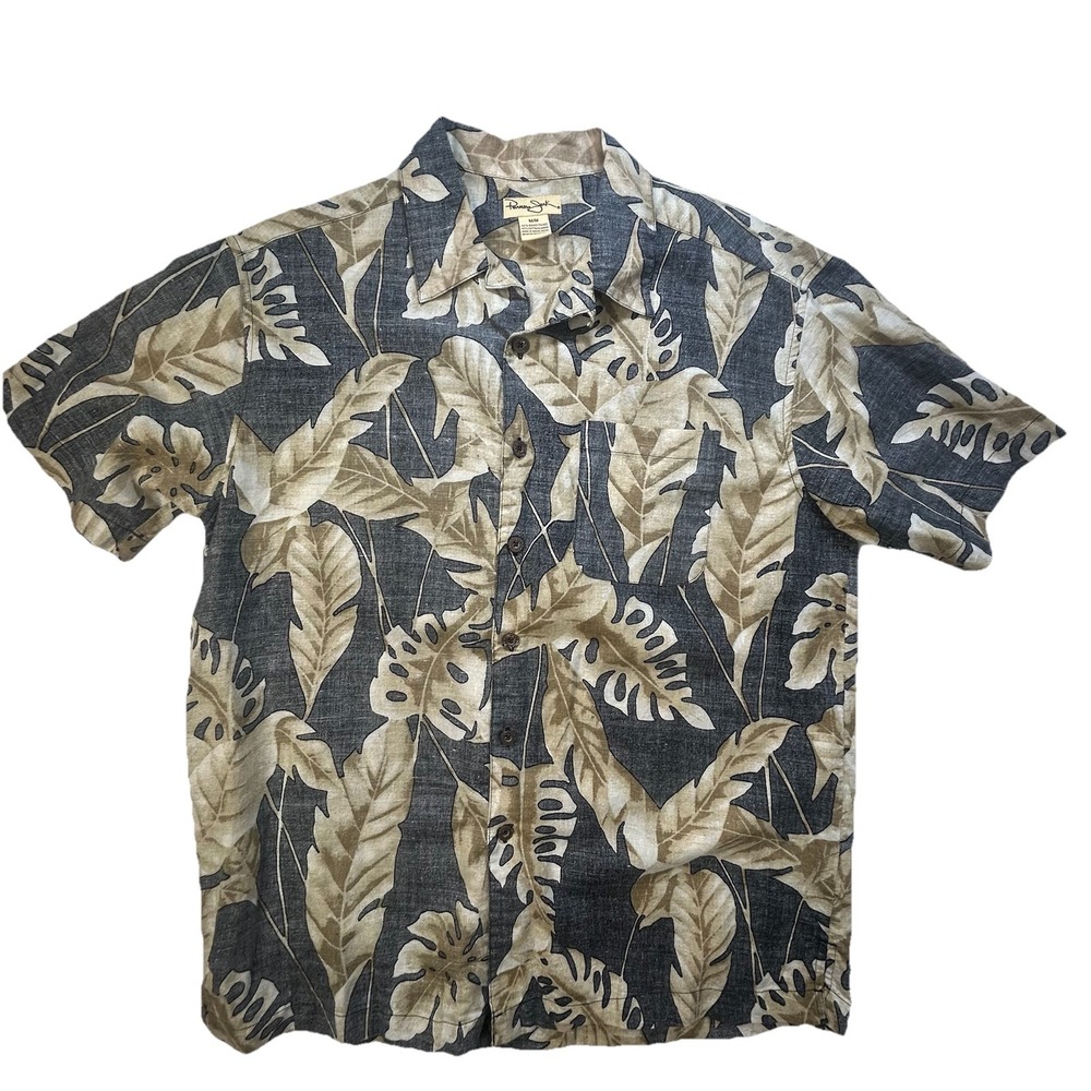 Pavana Jack Hawaiian Shirt Mens M Reverse‎ Print Ramie Beige Black Palm Leaves